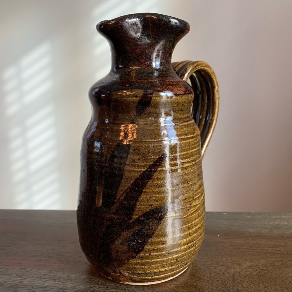 Studio Pottery Pitcher Signed BAS Brown Dark Leaf Handmade Handpainted Vintage.